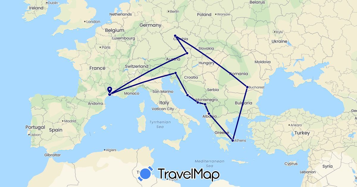 TravelMap itinerary: driving in Albania, Austria, Czech Republic, France, Greece, Croatia, Montenegro, Romania, Slovenia (Europe)